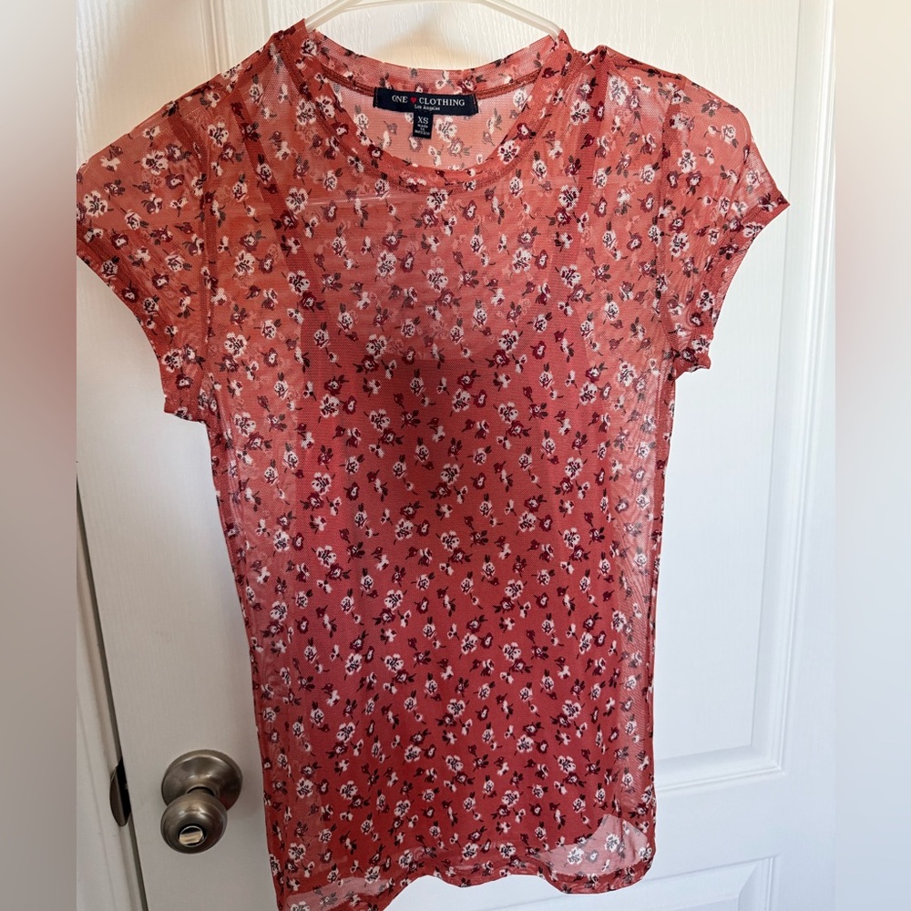 One Clothing Coral Floral Short Sleeve Tee With Built-in Tank Top